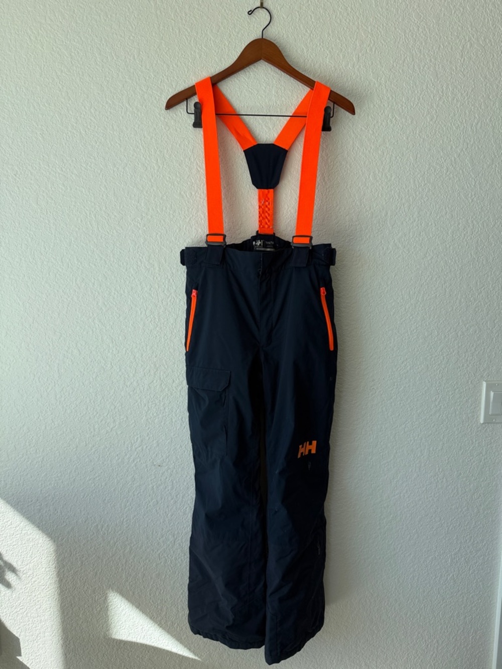 Helly Hansen Black Cargo Ski Pants with Neon Orange Suspenders